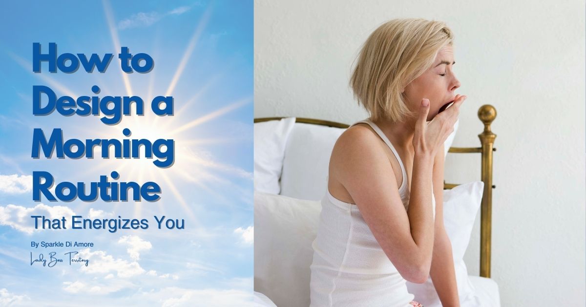 Woman waking up in bed while yawning, representing an energizing morning routine.