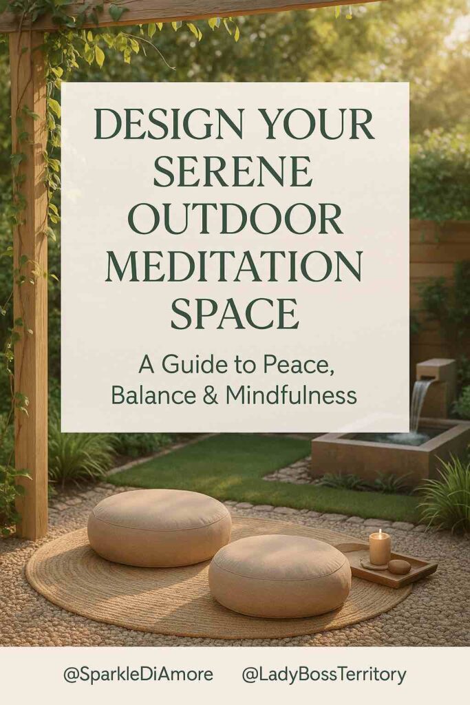 Tranquil outdoor meditation space with round floor cushions, candle, and fountain in a peaceful garden setting.