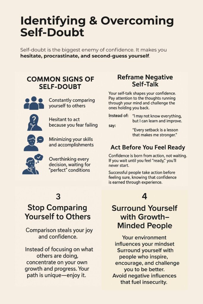 Guide showing how to identify and overcome self-doubt with strategies like reframing self-talk and taking action before feeling ready.