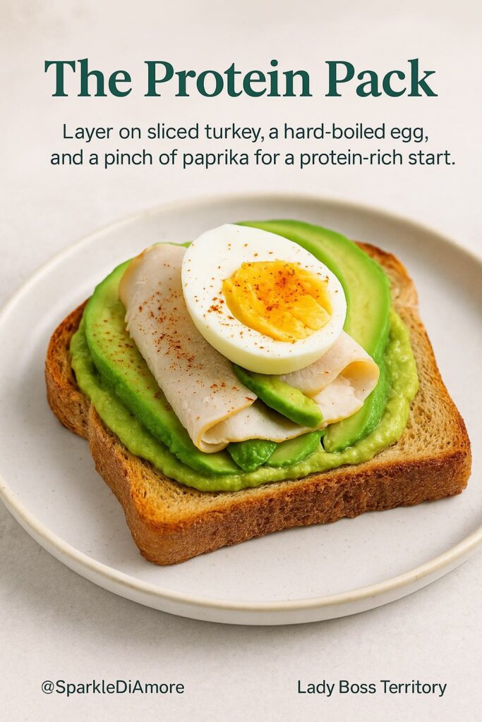 Avocado toast topped with sliced turkey, a hard-boiled egg, and paprika for a protein-rich variation.
