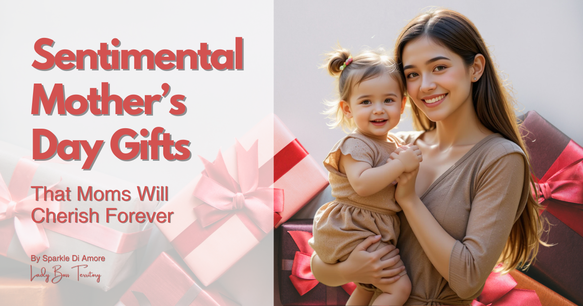 A smiling mother holding her young daughter, surrounded by beautifully wrapped Mother's Day gifts.