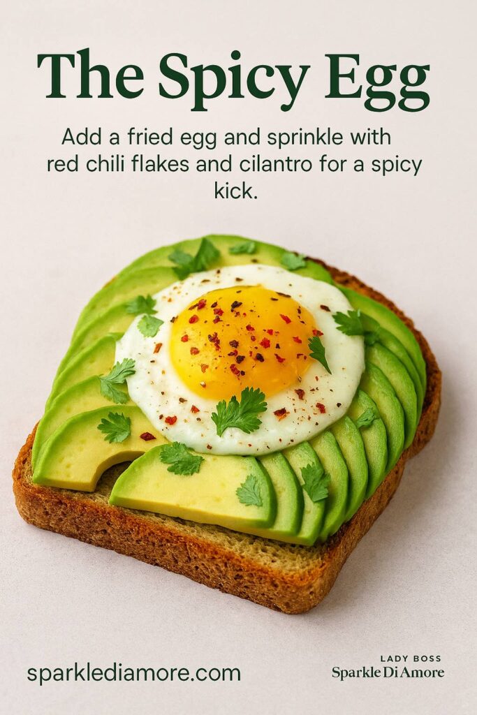 Avocado toast topped with a fried egg, red chili flakes, and cilantro leaves for a spicy twist.