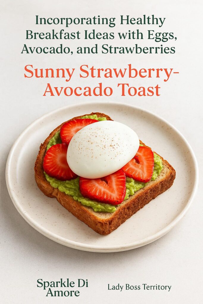 Avocado toast topped with fresh strawberry slices and a poached egg for a balanced and healthy breakfast.