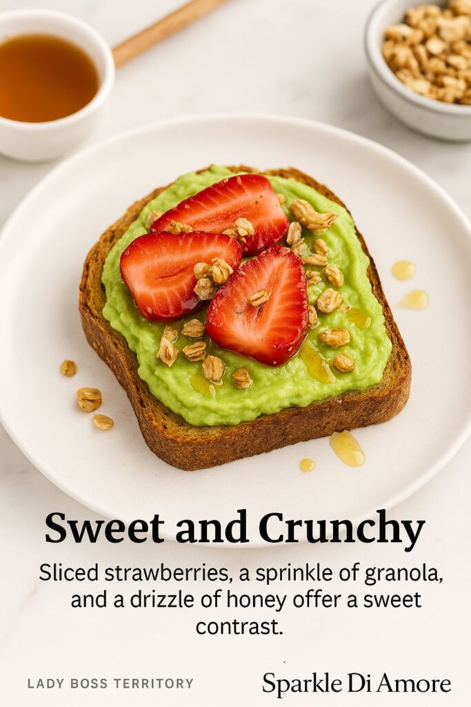 Avocado toast topped with sliced strawberries, crunchy granola, and a drizzle of honey for a sweet and refreshing twist.