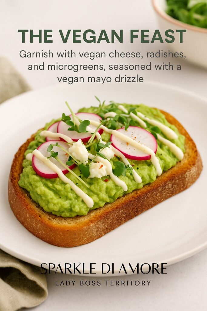 Avocado toast topped with vegan cheese, radish slices, microgreens, and a drizzle of vegan mayo.