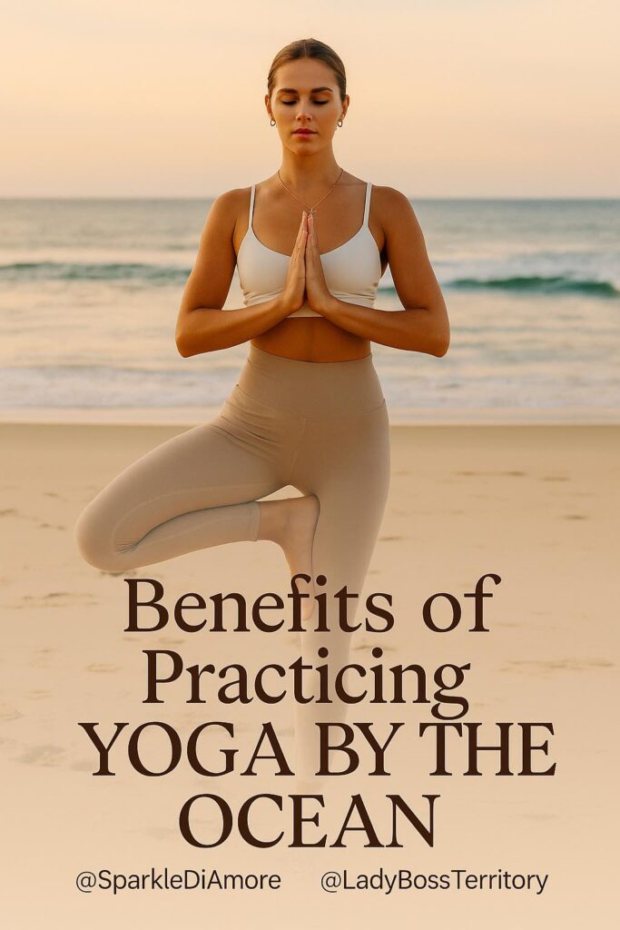 Woman practicing yoga tree pose on the beach at sunset, with ocean waves behind her, symbolizing the mental and physical benefits of seaside yoga and meditation.
