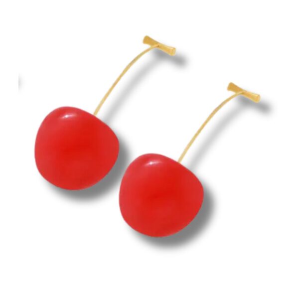 Bold cherry earrings with gold stems on white background