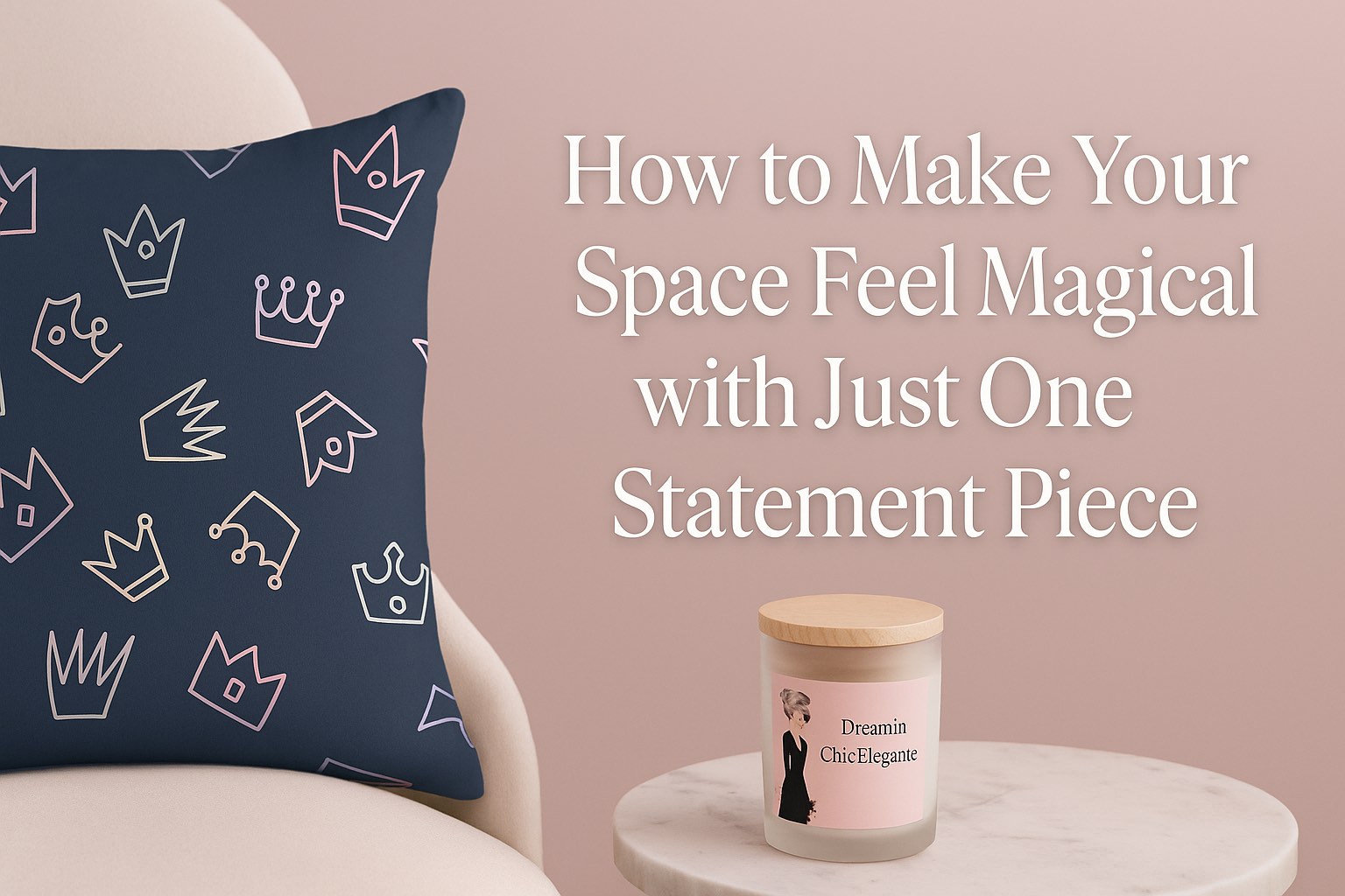 “Elegant blush-toned room with a pastel crown-patterned pillow on a cream chair and a ‘Dream in Chic Elegance’ candle on a marble table, styled for feminine statement decor.”
