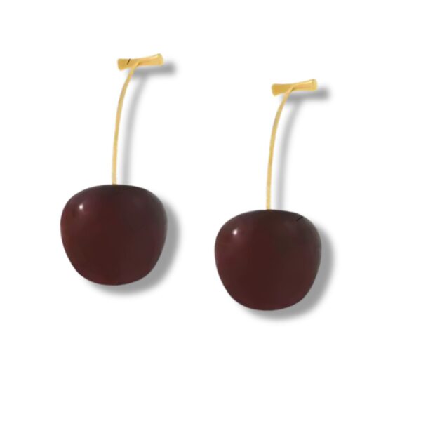 Dark cherry drop earrings with gold stems on white background