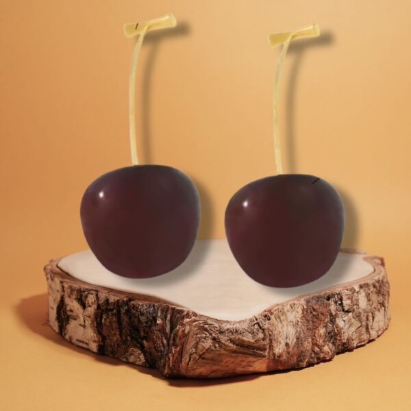Dark cherry earrings with gold stems displayed on rustic wood slice against earthy background