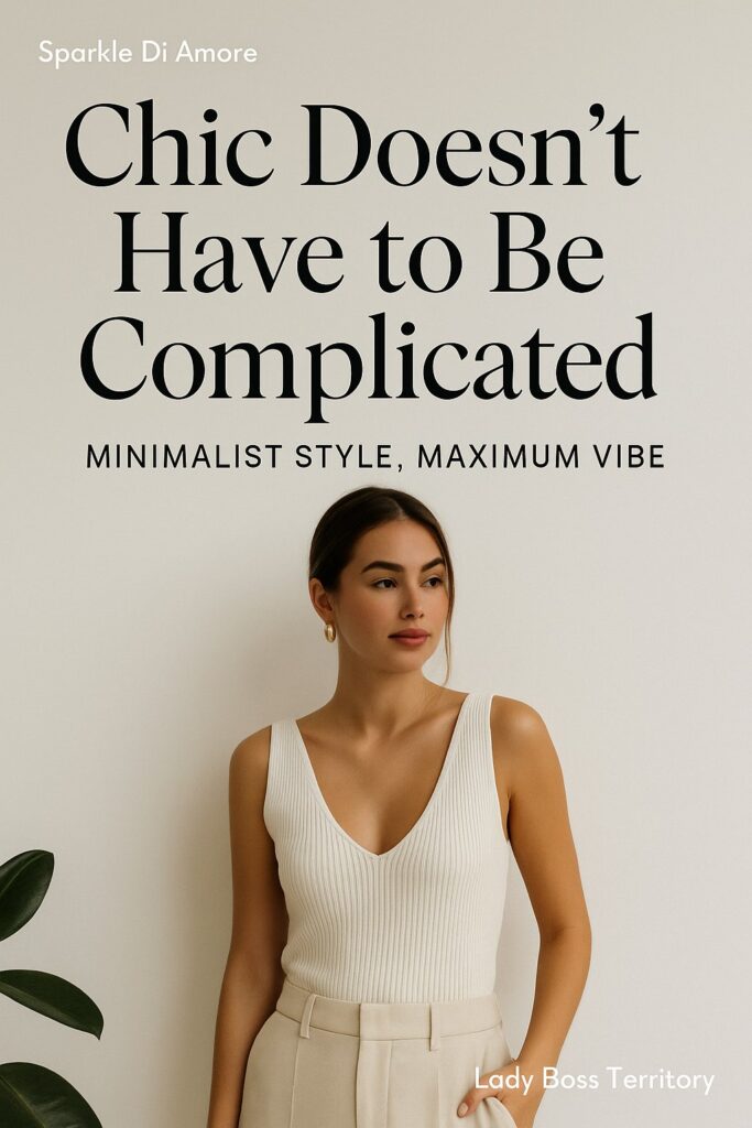 Minimalist chic fashion – woman wearing a white ribbed top and beige tailored trousers with text overlay “Chic Doesn’t Have to Be Complicated – Minimalist Style, Maximum Vibe.”