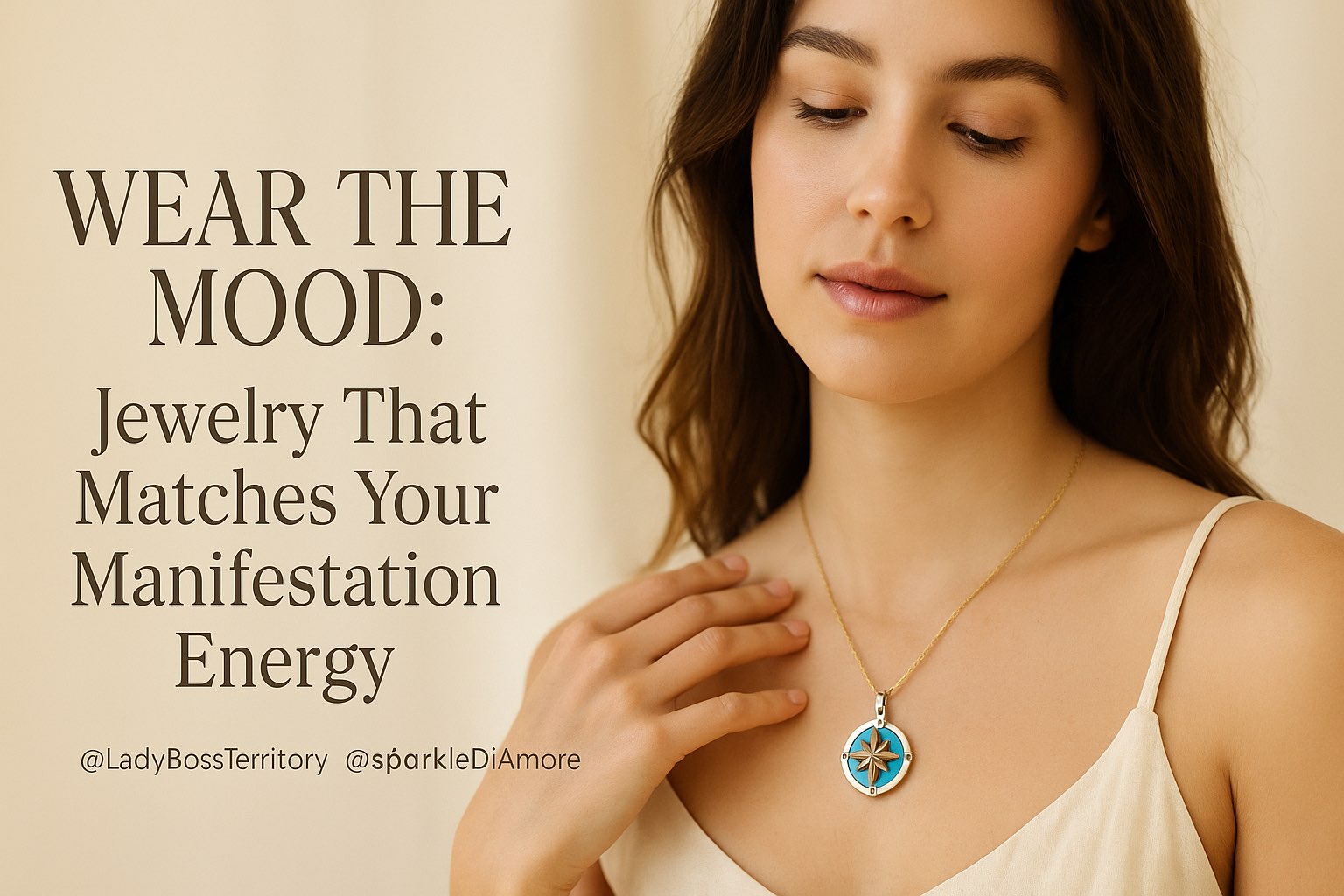 Woman wearing turquoise compass pendant necklace – jewelry for manifestation and intention setting – Wear the Mood by Lady Boss Territory and Sparkle Di Amore.