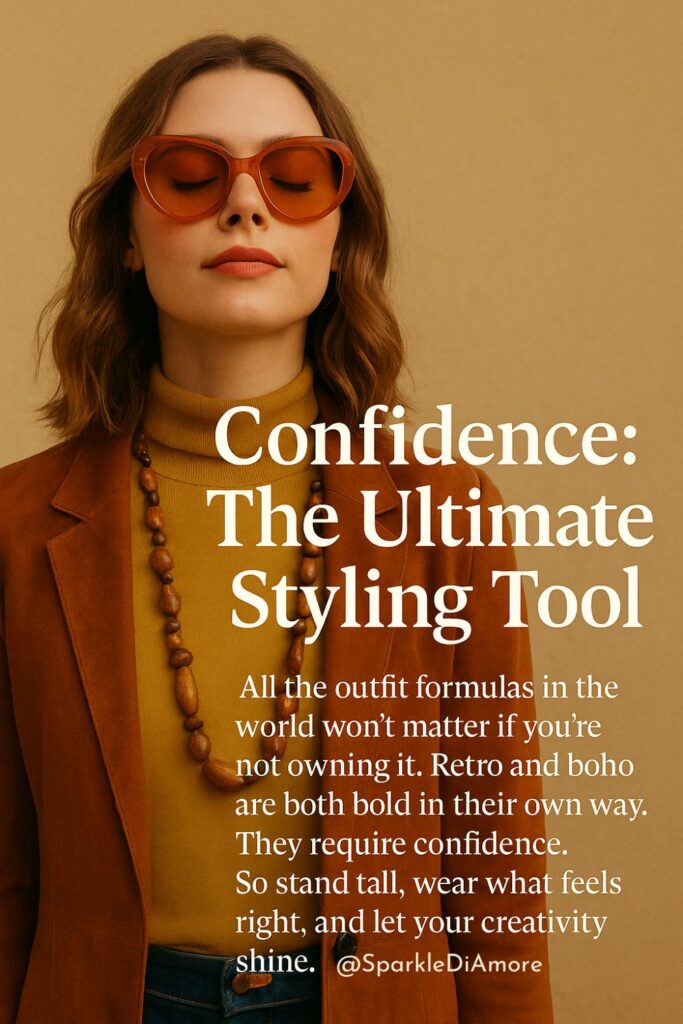 Woman in bold retro-boho outfit with oversized sunglasses and mustard turtleneck, embodying fashion confidence and creative self-expression