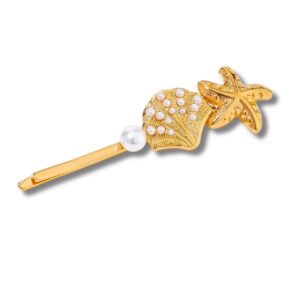 Gold seashell and starfish hair clip with pearl on white background