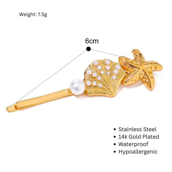 Gold seashell and starfish hair clip with size and material details including 14k gold plating, waterproof, and hypoallergenic features