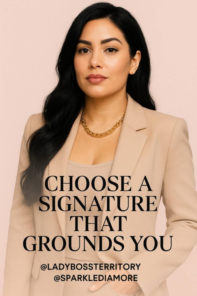 Confident woman in beige suit and gold chain necklace with bold message about choosing a personal brand signature for clarity and confidence.