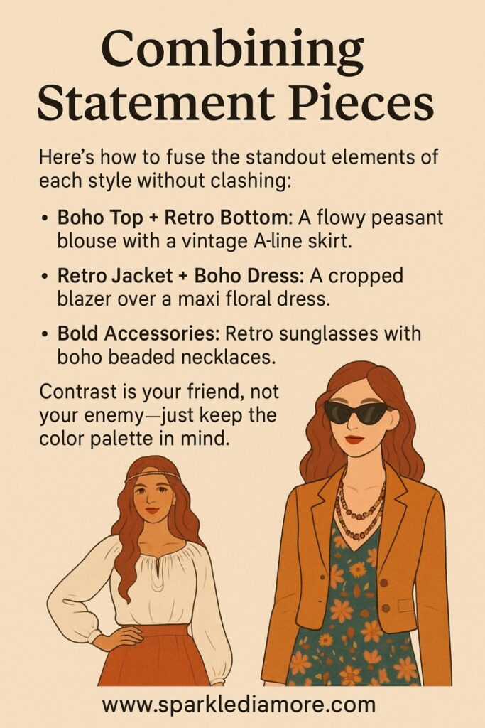 Illustrated style guide showing how to combine retro and boho pieces — like peasant tops with vintage skirts and floral dresses with blazers.