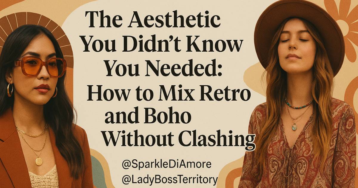 Two stylish women showcasing a retro boho fashion mix — one in oversized sunglasses and burnt orange, the other in a paisley dress and felt hat, representing the aesthetic of mixing retro and boho styles.