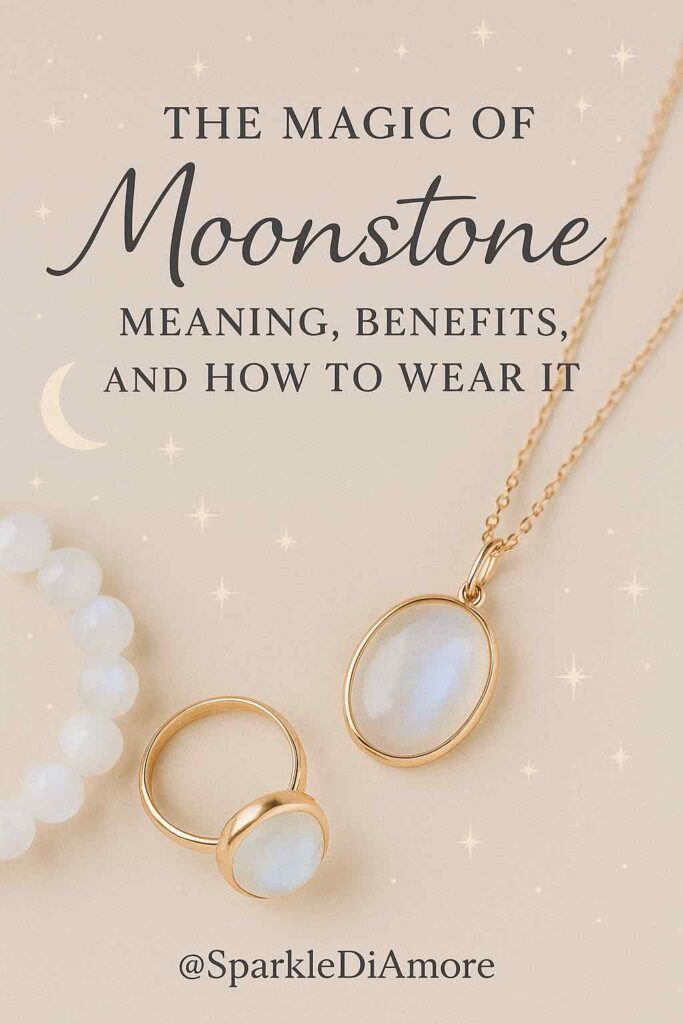 Elegant moonstone jewelry including a necklace, ring, and bracelet, highlighting the meaning, benefits, and how to wear moonstone