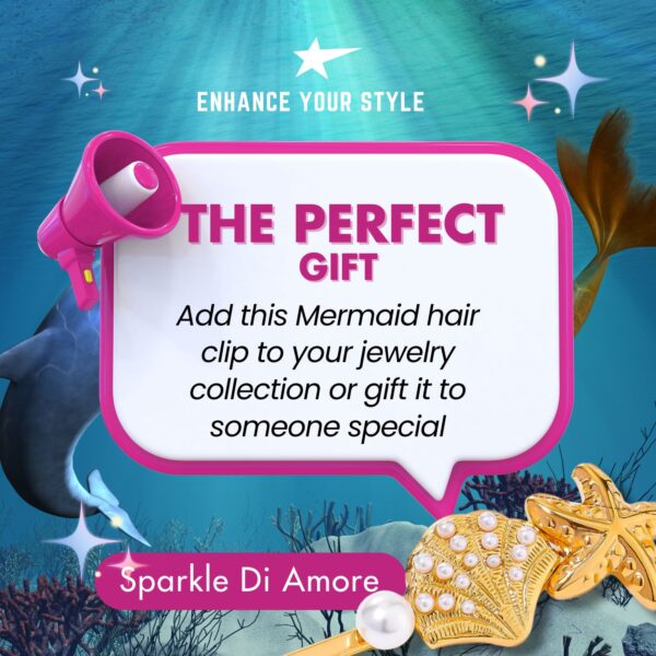 Mermaid-style gold seashell and starfish hair clip shown as the perfect gift with ocean background