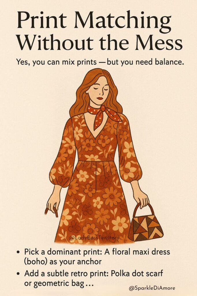 Illustration of a woman in a floral maxi dress with a polka dot scarf and geometric print bag, showing how to mix prints in retro-boho style.