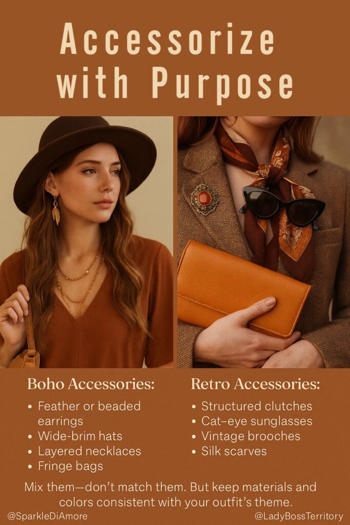 Side-by-side images of boho and retro accessories, including feather earrings, wide-brim hats, cat-eye sunglasses, silk scarves, and vintage clutches.