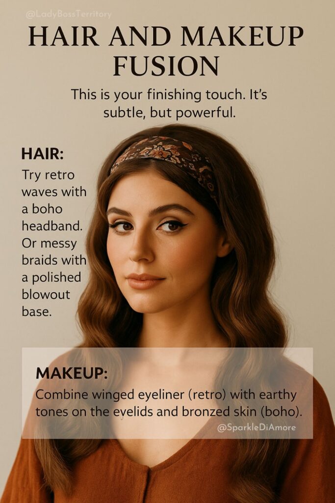 Woman with retro waves, a boho headband, and winged eyeliner with bronzed skin — blending retro glam with earthy bohemian beauty.