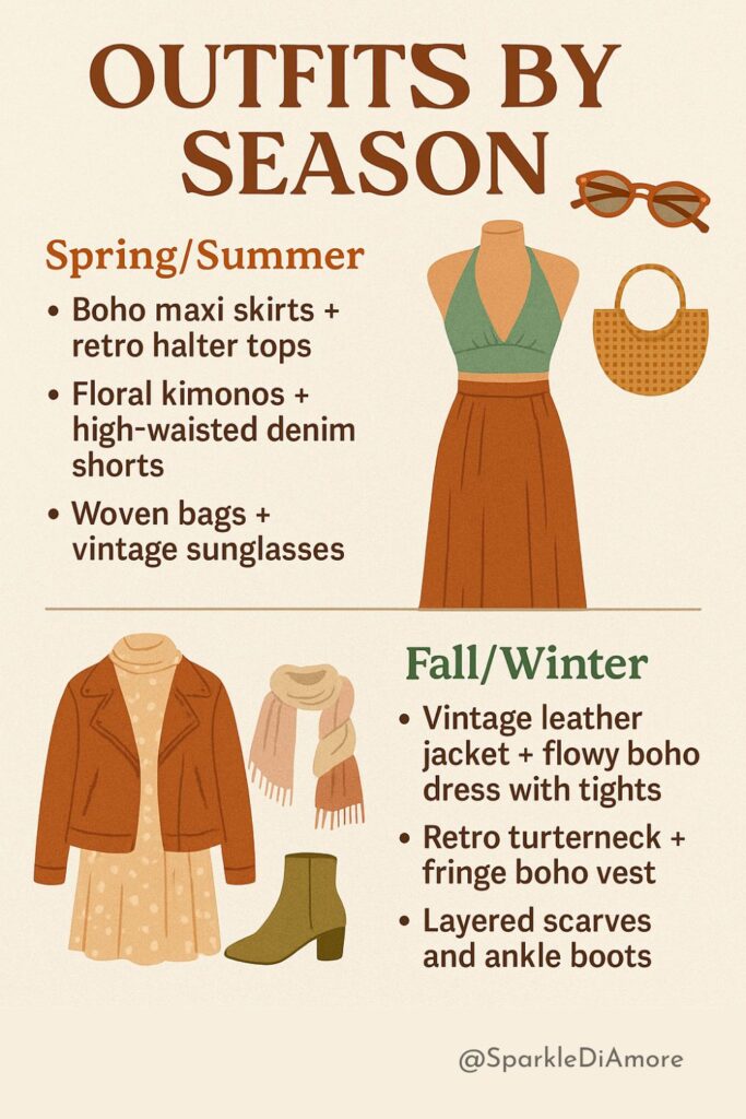 Illustrated seasonal outfit guide showing spring/summer and fall/winter combinations of retro and boho fashion, including halter tops, kimonos, turtlenecks, and vintage jackets.