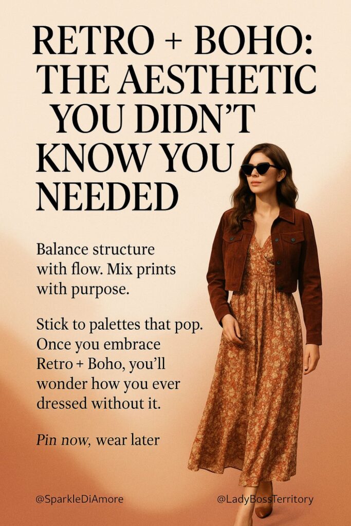 Woman in floral boho dress and cropped retro jacket with sunglasses, showcasing a stylish blend of vintage structure and bohemian flow.