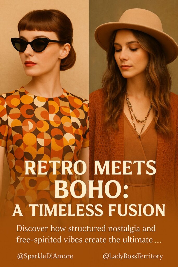 Side-by-side image of retro and boho fashion aesthetics — a woman in vintage geometric print and cat-eye sunglasses next to another in a soft, earth-toned bohemian outfit with a felt hat.