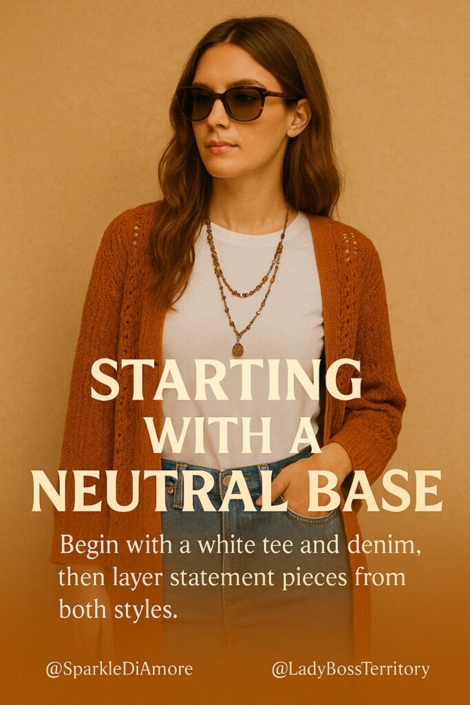Woman in sunglasses wearing a white tee, blue jeans, and rust cardigan, styled with layered boho necklaces — demonstrating a neutral base for mixing retro and boho fashion.