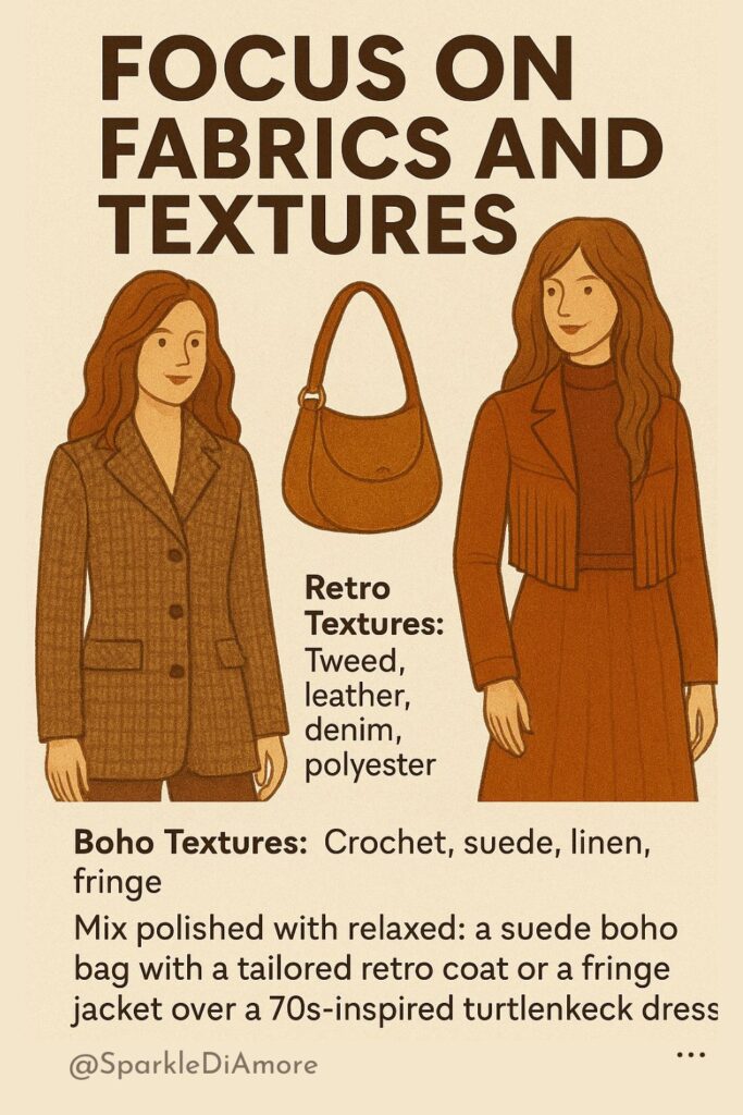 Illustration showing retro and boho fashion textures — including tweed, fringe, suede, and leather — with tips on mixing tailored and relaxed pieces.