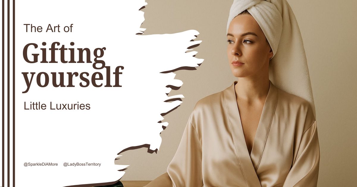 A chic woman in a silk robe with a towel on her head, sitting beside a candle and perfume bottle, symbolizing the art of gifting yourself little luxuries that change your energy.