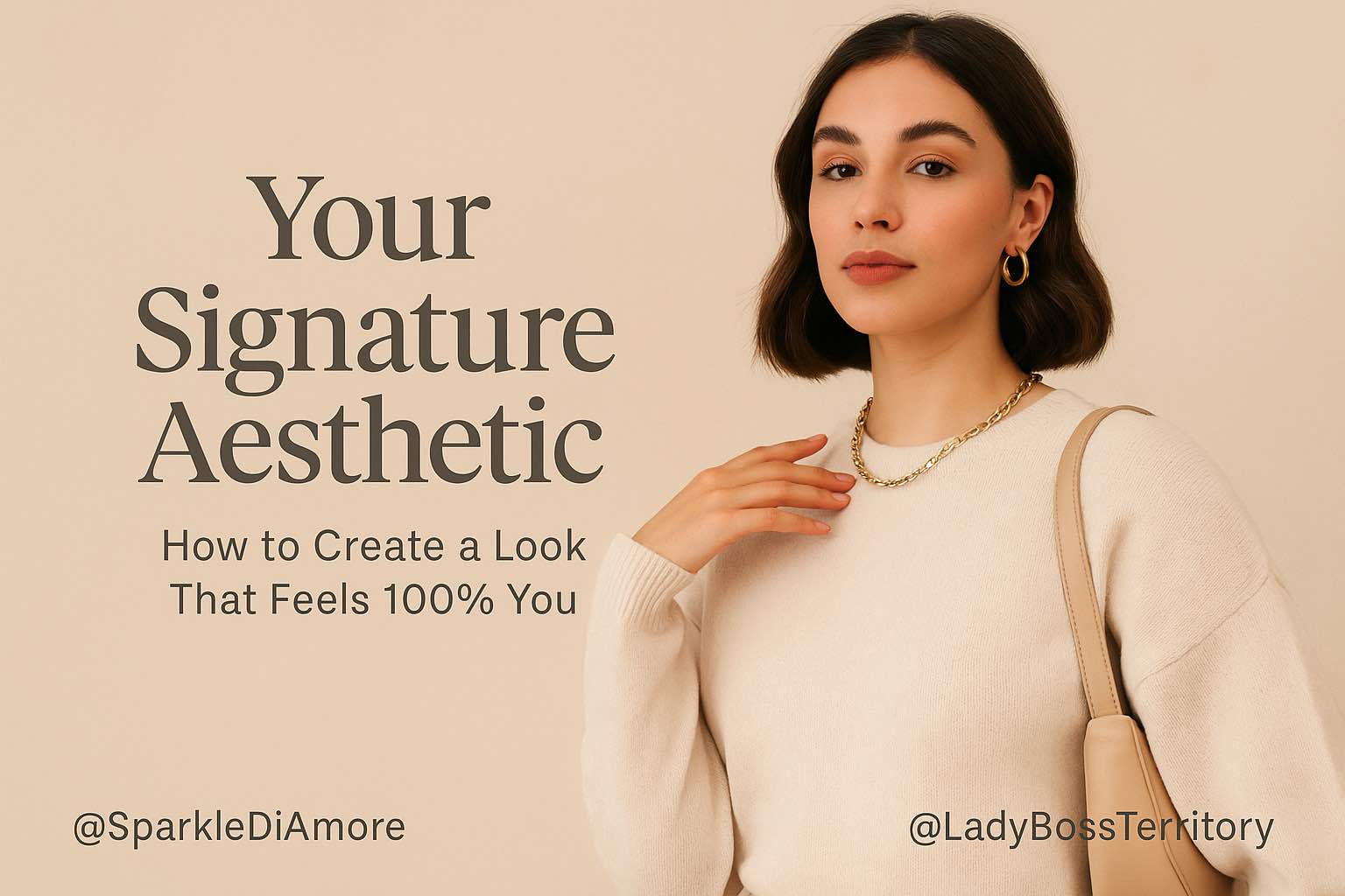 Elegant woman in a minimalist cream sweater and gold jewelry, representing a personal style that feels authentic and elevated—signature aesthetic concept.