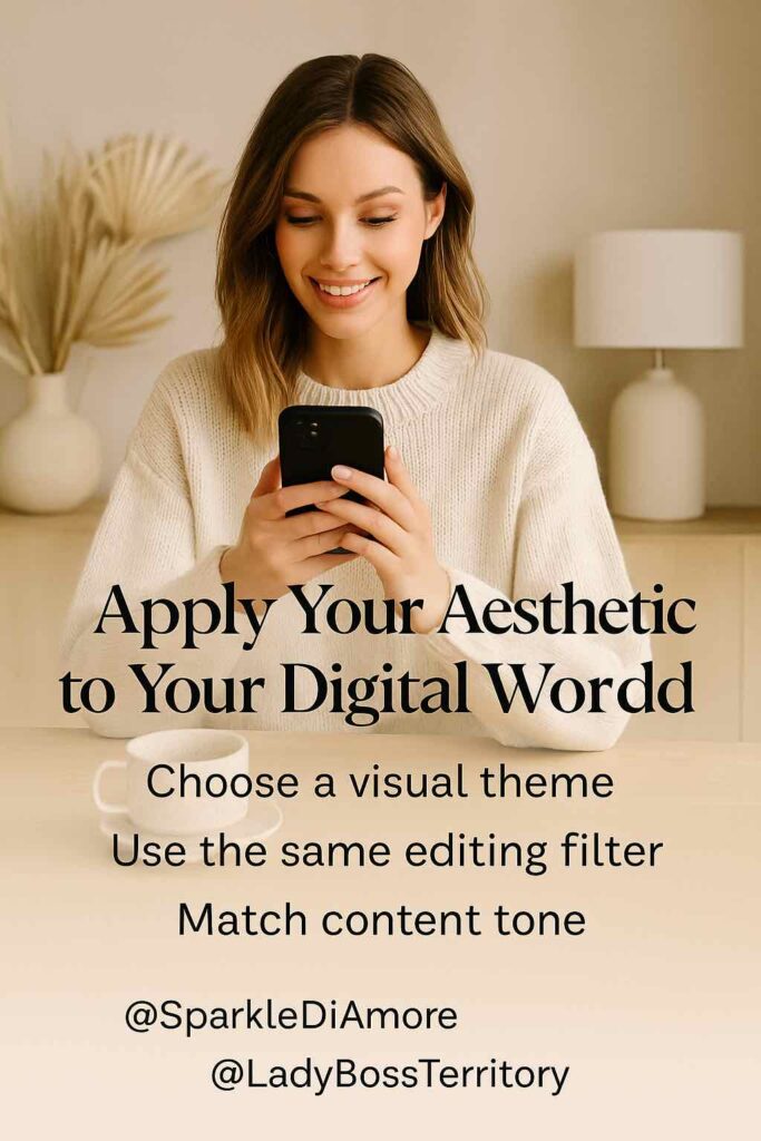 Woman in cozy sweater smiling at phone, applying visual aesthetic to her digital brand presence