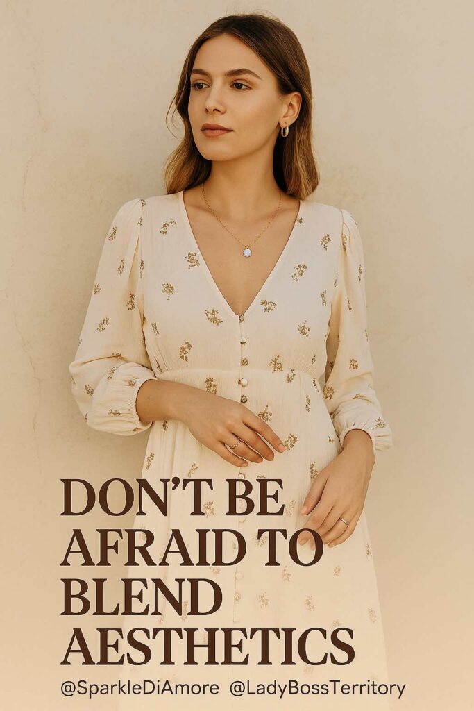 Woman in a soft floral dress blending feminine and minimalist fashion aesthetics