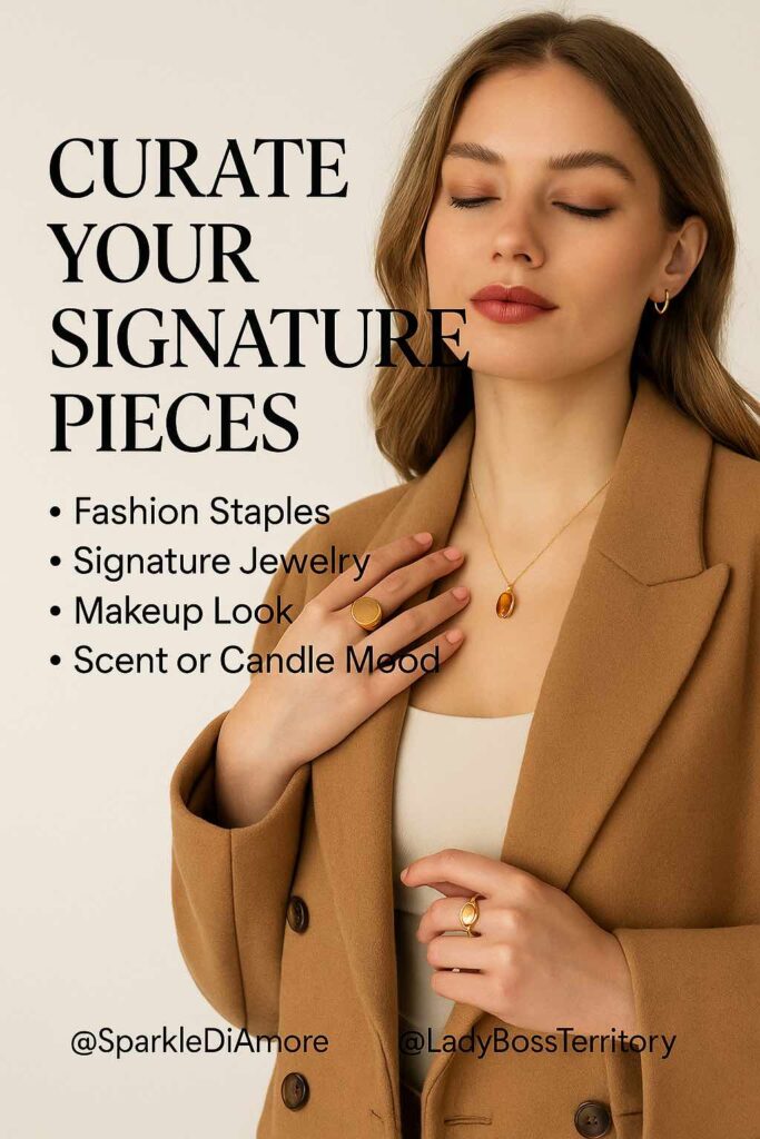 Woman in camel coat wearing minimalist gold jewelry and neutral makeup, showcasing signature fashion pieces