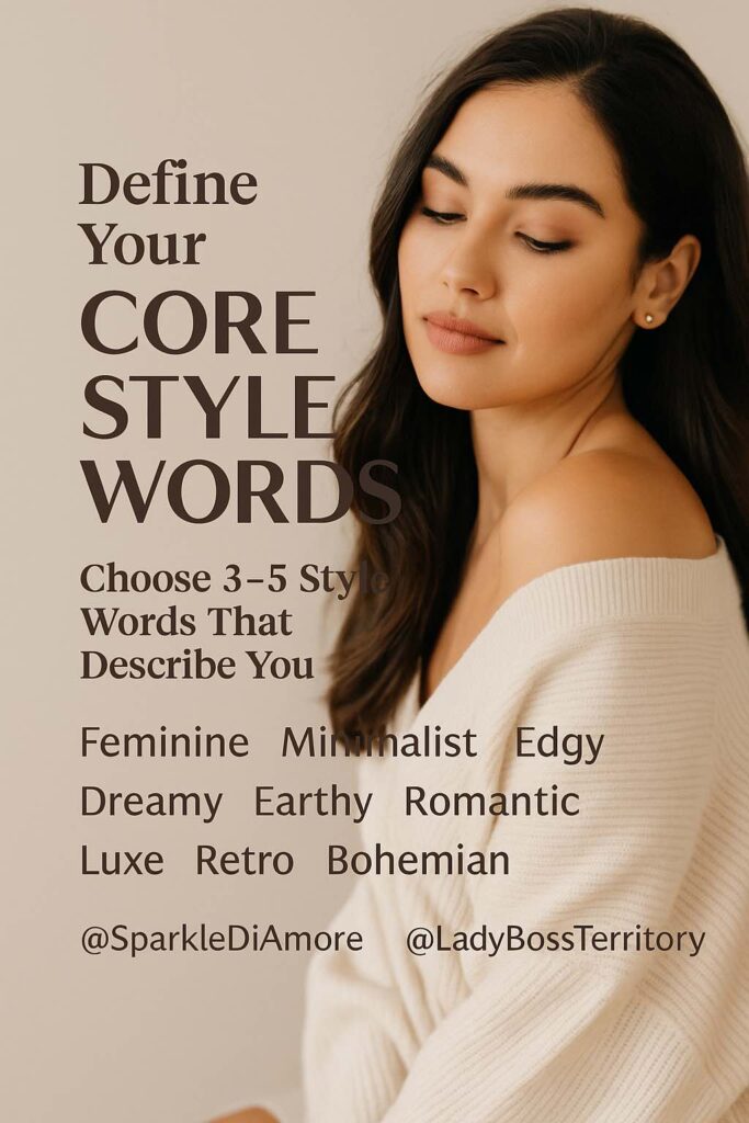 Woman in off-shoulder sweater with style keywords for defining personal fashion aesthetic
