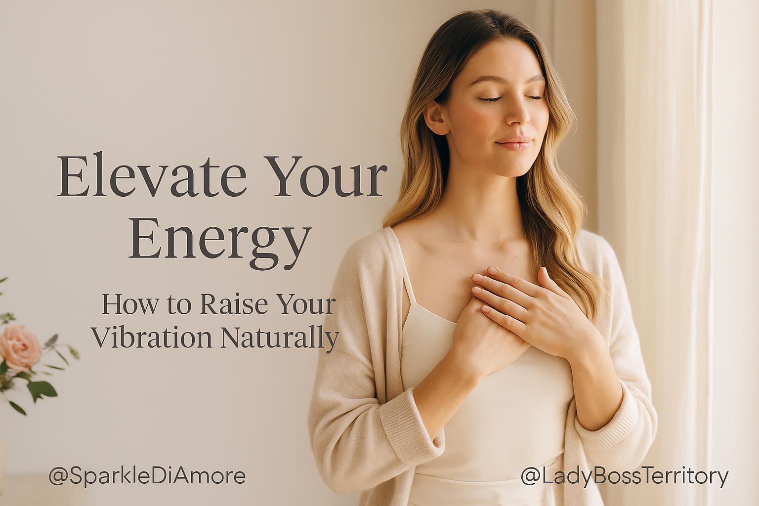 Peaceful woman with hand on heart meditating by window in soft natural light