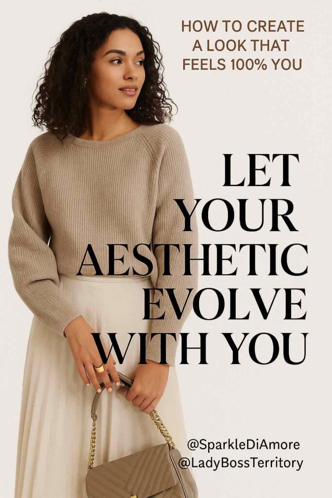 Elegant woman in neutral outfit holding a handbag, symbolizing evolving personal style and aesthetic