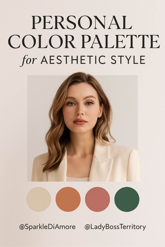 Woman in cream blazer with color palette swatches for defining personal aesthetic style