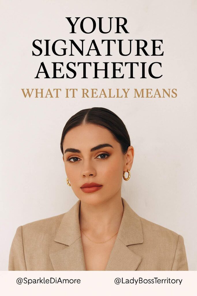 Elegant woman in beige blazer with gold jewelry representing modern signature aesthetic and personal style meaning