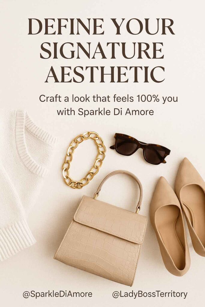 Flat lay of neutral fashion accessories including heels, sweater, sunglasses, handbag, and gold chain necklace—representing signature personal style