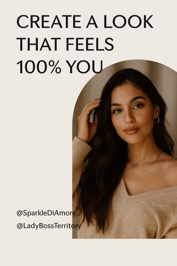 Stylish woman with long hair in neutral sweater expressing confident personal aesthetic