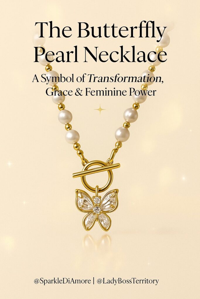 Close-up of a gold and freshwater pearl necklace featuring a butterfly charm symbolizing transformation, grace, and feminine power.
