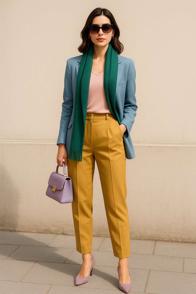 Chic fashionable woman wearing healing colors in a modern outfit, showing how to use color energy in style and wardrobe.