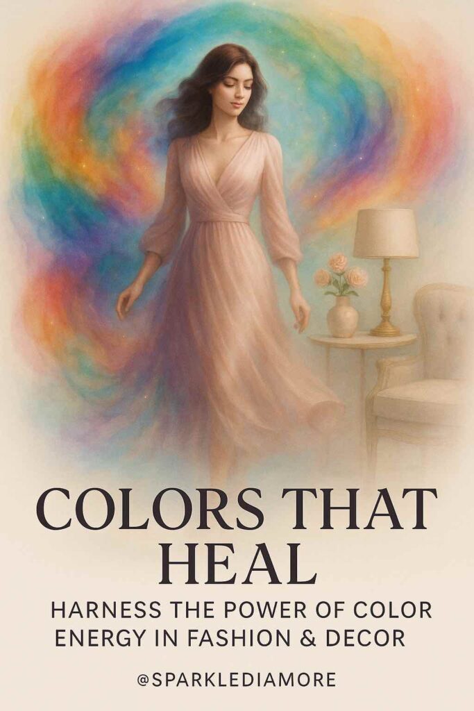 Elegant woman in a flowing dress surrounded by a rainbow aura, symbolizing healing energy through color in fashion and interior design.
