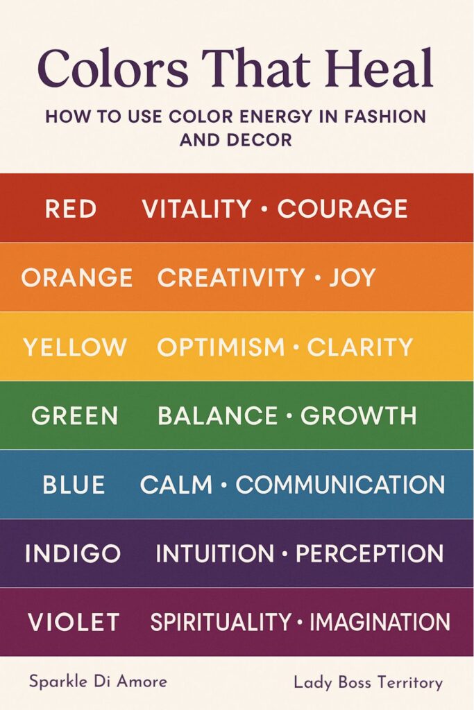 Chart showing healing colors and their meanings for fashion and decor — red for vitality and courage, orange for creativity and joy, yellow for optimism and clarity, green for balance and growth, blue for calm and communication, indigo for intuition and perception, violet for spirituality and imagination.