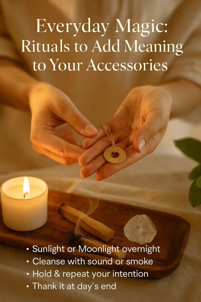 Woman holding a gold sunburst necklace during an intentional jewelry ritual with candle, crystal, and palo santo.