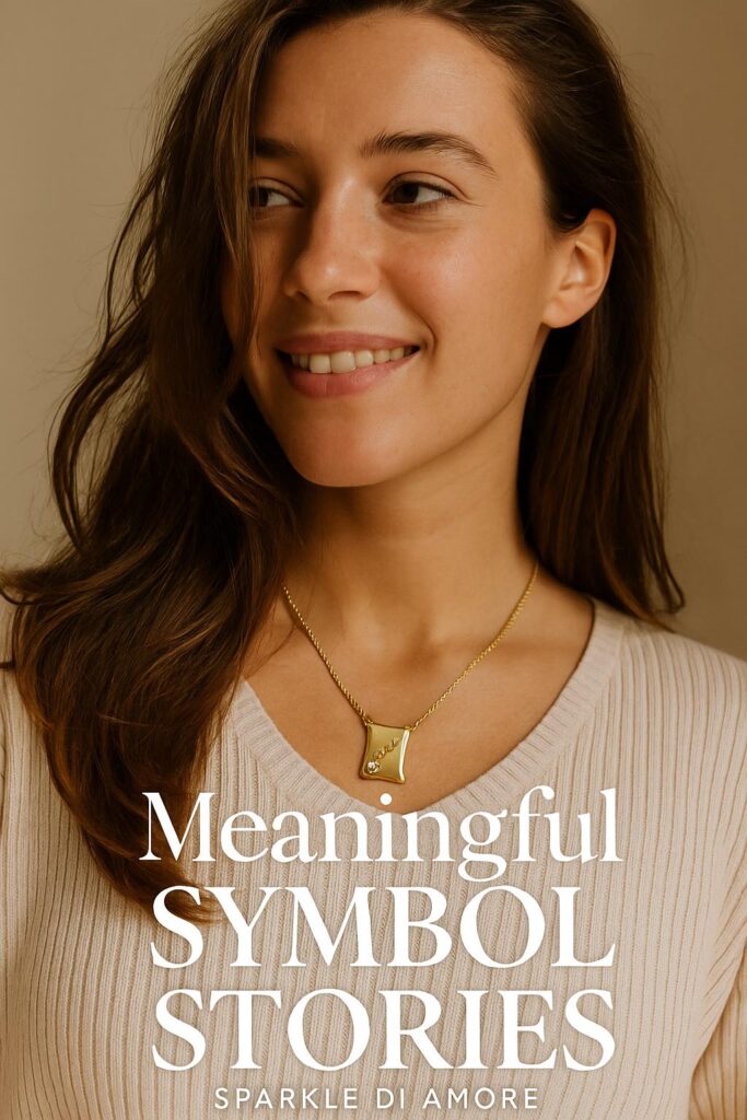 Smiling woman wearing a dainty gold love necklace, symbolizing self-love, connection, and meaningful gift-giving.